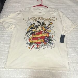 Ed Hardy Cream Graphic Tee with Multicolor Design
